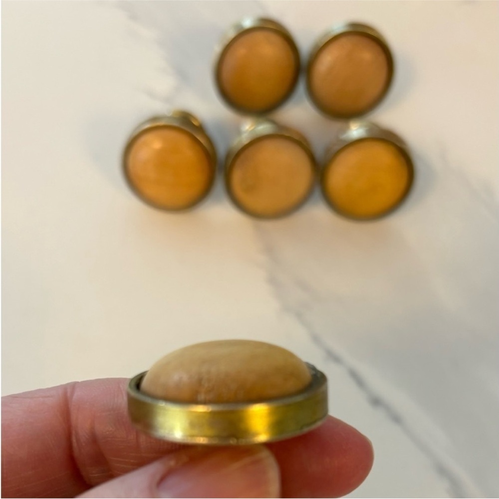 SET of SIX brass and wood drawer knobs pulls round handles brass wood inset knob - Picture 7 of 12